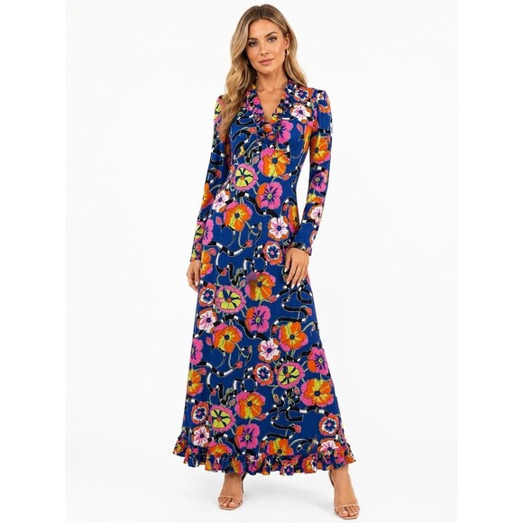 patricia fair Dresses & Skirts - Patricia Fair XS Blue Floral Ruffle V neck Maxi Dress Long Sleeve